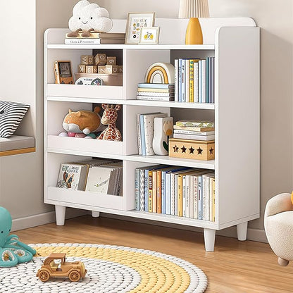 Wooden Cube Bookcase with Legs - 3-Tier Open Shelf Kidsroom Sorted Storage Cabinet Organizer for Books and Toys, 6-Cube Lattice Cute Cubby Bookshelf in Pearl White, 32" W