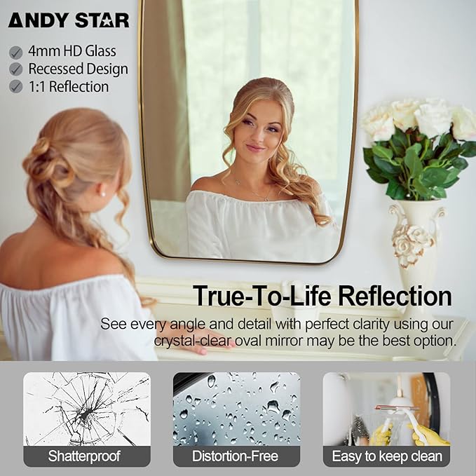 ANDY STAR Brass Bathroom Mirror, 24x32’’ Brushed Gold Metal Frame Oblong Mirror for Bathroom, Modern Gold Oval Bathroom Mirror for Over Sink, Hangs Horizontal or Vertical