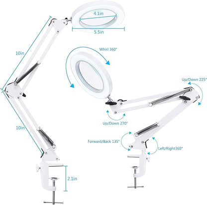 LED Magnifying Lamp with Clamp, 8-Diopter, 10X Real Glass Lens, 3 Color Modes and Stepless Dimmable Magnifier Desk Lamp,Adjustable Swivel Arm Lighted Magnifying Glass for Repair Craft Close Work-White