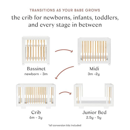 Babyletto Yuzu Convertible All-Stages Bassinet, Midi, Full-Size Crib in White with Natural, Greenguard Gold Certified, Portable & Adjustable with Conversion Kits and Pads Included