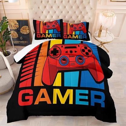 Gaming Comforter Set Twin Size for Boys Kids Game Room Decor Video Game Gamer Comforter Teens Bedroom Gamepad Bedding Set All Season