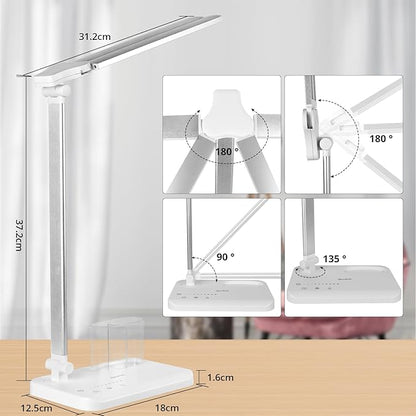 Qooltek LED Desk Lamp for Home Office, Touch Control Table Lamp with 5 Color Modes and Adjustable Brightness,Dual Swing Arm USB Charging Port Foldable Reading Light, Auto Timer, Silver White, 5W