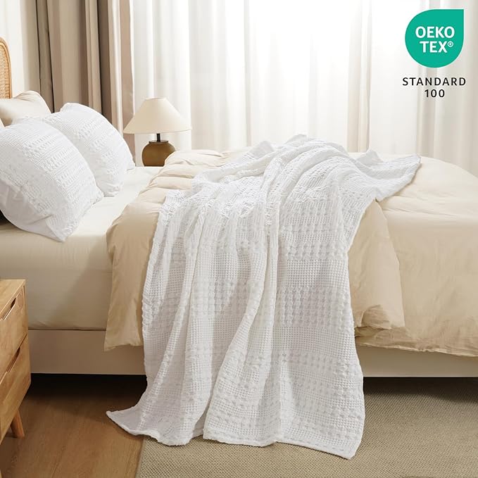 PHF 100% Cotton Waffle Weave Throw Blanket, Soft Lightweight Breathable Cozy Summer Throws for Couch Bed Sofa, Luxury Aesthetic Woven Blanket for Home Decor & Office, 50"x60", White