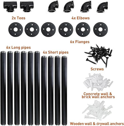 HITOMEN Industrial Iron Pipe Shelves, 2 Set 3-Tier, 28" Tall, 12" Depth, DIY Open Bookshelf Bookcase, Wall Mounted Vintage Retro Shelving, Rustic Farmhouse Pantry Kitchen Storage, Black Shelf Brackets