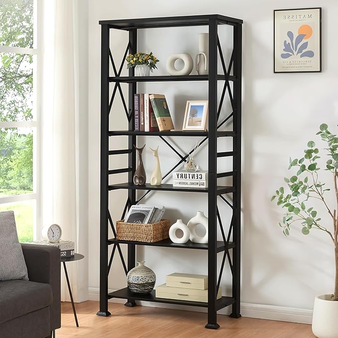 HOMBAZAAR Bookshelf, 6-Tier Industrial Bookshelf, Etagere Bookcases and Bookshelves, Tall Bookshelf Storage Organizer, Freestanding Bookshelf for Living Room, Bedroom and Home Office，Black