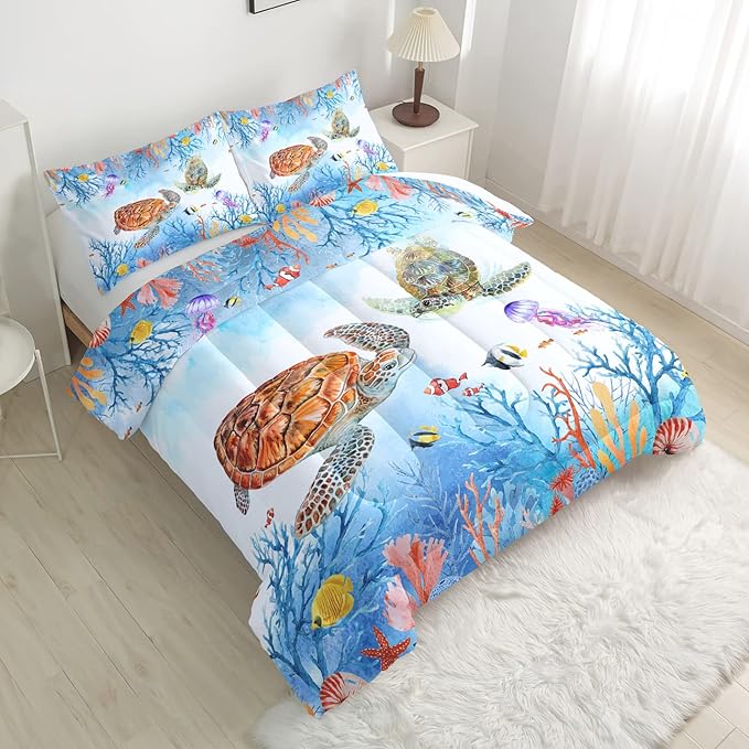 CVHOUSE Sea Turtle Comforter Set,Ocean Watercolor Sea Turtle Bedding Set for Kids Teens,Ocean Sea Turtle Comforter Sea Turtle Duvet Set Room Decor Quilt Set Full Size