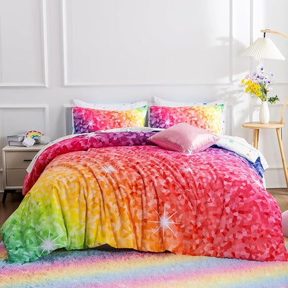 A Nice Night 6Pcs Gradient Abstract Art Grid Mosaic Geometric Bedding Set for Girls, Colorful Rainbow Galaxy Comforter Set, Ultra Soft Bedding Sets (PinkYellow,Twin 6Pcs)