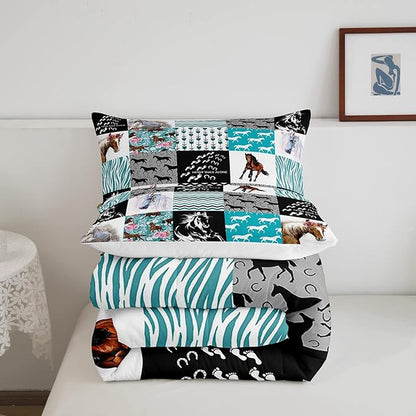 Horse Bedding,Western Farmhouse Horse Comforter Set For Girls Twin Bed,Boho Arrow Teal Zebra Stripe Comforter For Kids Boys Women,Rose Flower Rustic Cowboy Quilt Duvet sets 1 Pillowcases Black White