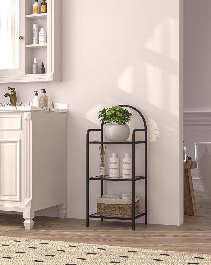Bookcase Bookshelf, Tempered Glass Bookshelves, Slim Shelving Unit for Bedroom, Bathroom, Home Office, Steel Frame, 3 Tier Black BC10301B