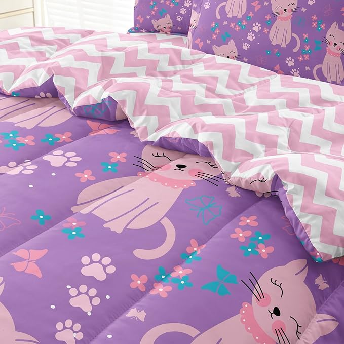 5 Piece Girls Cat Comforter Set Full Size Bed in A Bag Pink Cute Cartoon Cats Bedding Set for Kids Teens (1 Comforter, 1 Flat Sheet, 1 Fitted Sheet, 2 Pillowcases), Purple Pink