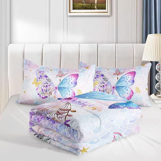 Datura home Butterfly Comforter Set Scales Butterfly Printed Quilt Bedding Set with 1 Comforter and 2 Pillowcases for Boys and Girls Bedroom All Season(Butterfly Scales Queen)