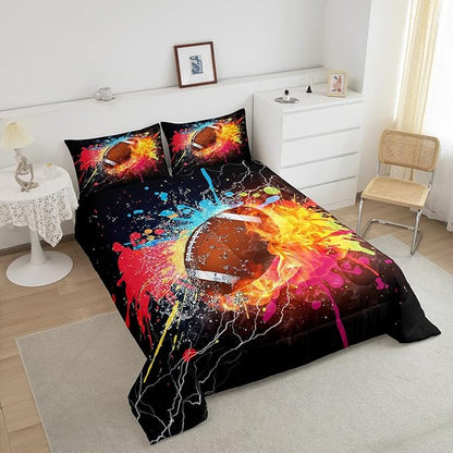 Erosebridal Football Comforter Set for Teen Boys Kids Hippie Tie Dye Sports Football Bedding Sets Rugby Bed Quilt Set King Size 1 Comforter and 2 Pillow Cases Colorful Sport Theme Bedroom Decor