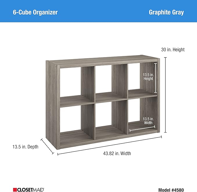 ClosetMaid Decorative 6 Cube Open Display Wood Laminate Versatile Storage Organizer for Indoor Home or Office Spaces, Graphite Gray