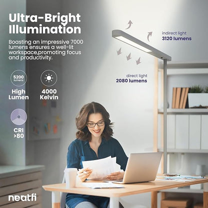 Neatfi 5200 High-Lumens Premium LED Desk Lamp - Ultrabright Light, Clamp-on, 40W, 4000K Color Temperature, Adjustable Head - Ideal for Home Office and Study (38 Inches, Gray)
