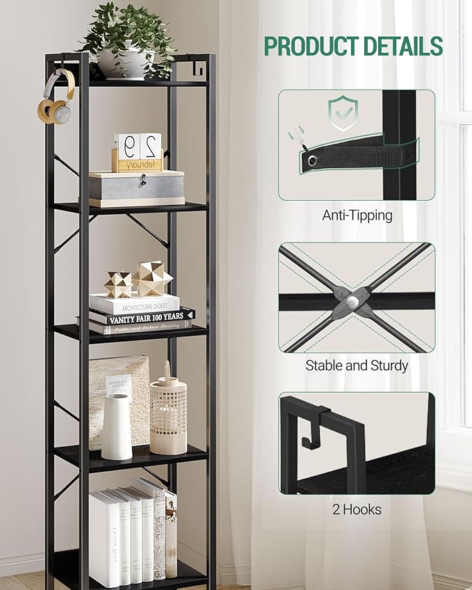 Bookshelf, Book Shelf, Industrial Bookcase with 2 Hooks, Coner Shelf Storage Organizer for Home Office, Living Room, Bedroom, Kitchen, 5-Tier Black BC10504B