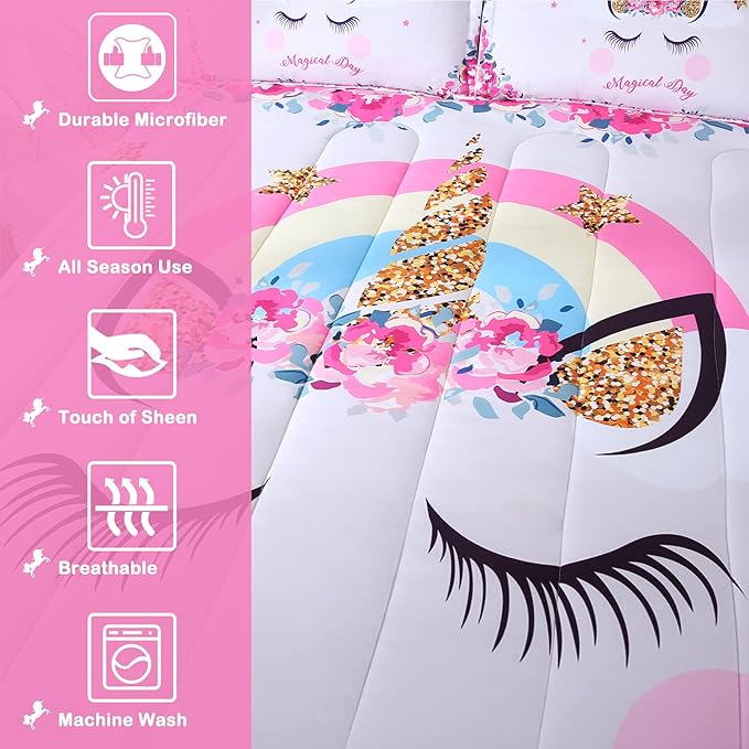 Unicorn Comforter Set 3pc Pink Flower Girl Unicorn Bedding Set for Teen Girls