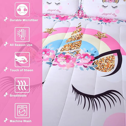 Unicorn Bedding Flower Girl Unicorn Comforter Set 3pc Soft Kid's Pink Unicorn Bedding Sets for Teen Girls