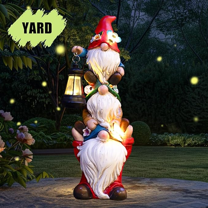 17 in Large Garden Gnome Statue with Solar Lights Sculptures Funny Triple Big Gnome Outdoor Patio Lawn Yard Balcony Garden Home Decor Gifts for Women Mom