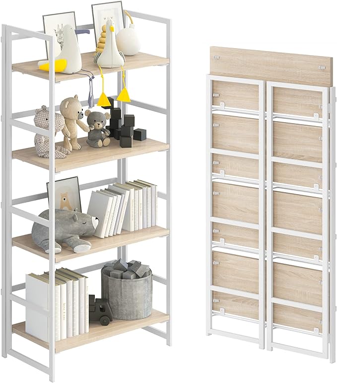 No-Assembly Folding Bookshelf Storage Shelves 4 Tiers Vintage Multifunctional Plant Flower Stand Storage Rack Shelves Bookcase for Home Office (White)
