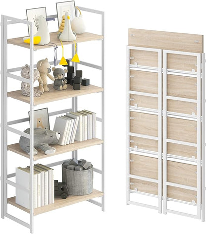 No-Assembly Folding Bookshelf Storage Shelves 4 Tiers Vintage Multifunctional Plant Flower Stand Storage Rack Shelves Bookcase for Home Office (White)