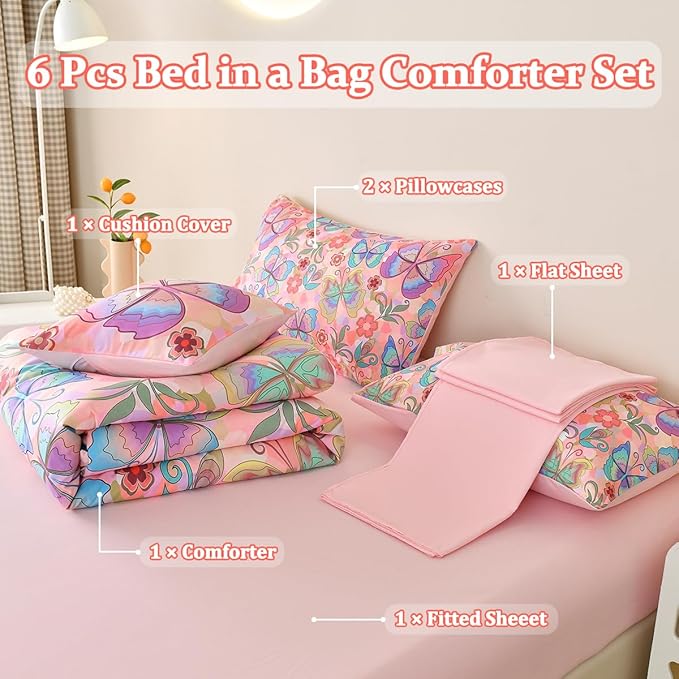 Butterfly Bedding Set Full, Pink Butterfly Comforter Set for Girls Kids Teens 6 pcs Bed in a Bag Full Bedding Sets for Girls