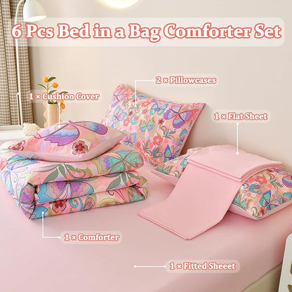 Butterfly Bedding Set Full, Pink Butterfly Comforter Set for Girls Kids Teens 6 pcs Bed in a Bag Full Bedding Sets for Girls
