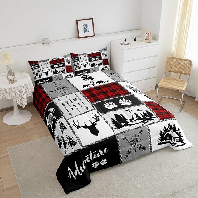 Deer Antlers Comforter Set Queen Size,Bear Paws Pine Trees Xmas Bedding Set for Kids Boys Girls Adults Room Decor,Lattices Patchwork Rustic Farmhouse Down Comforter,Red Duvet Insert,2 Pillowcases
