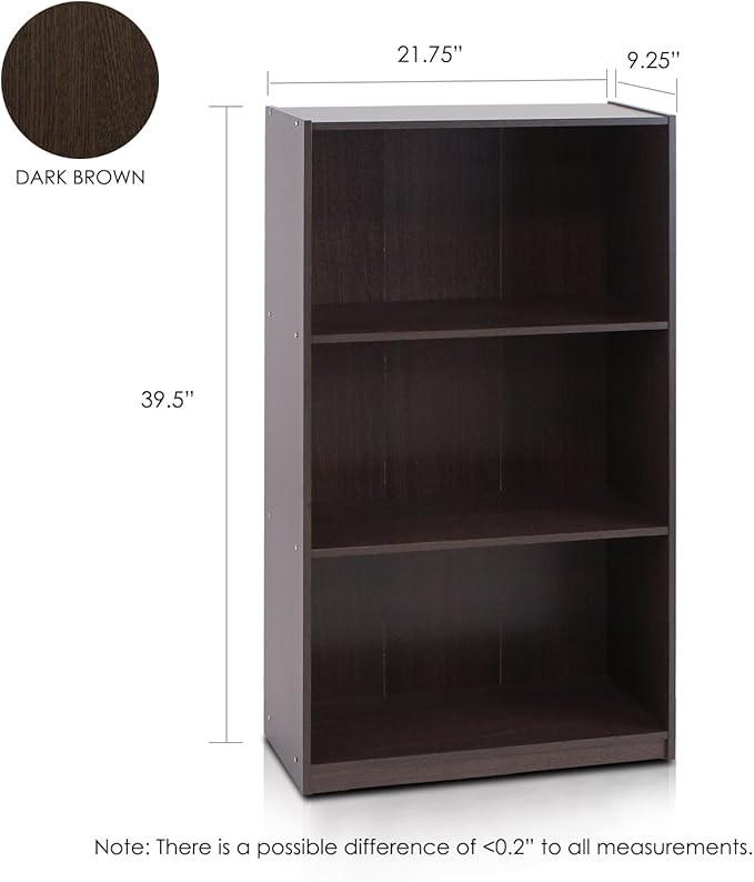Furinno Basic 3-Tier Bookcase Storage Shelves, Dark Brown