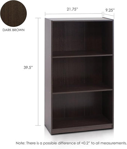 Furinno Basic 3-Tier Bookcase Storage Shelves, Dark Brown