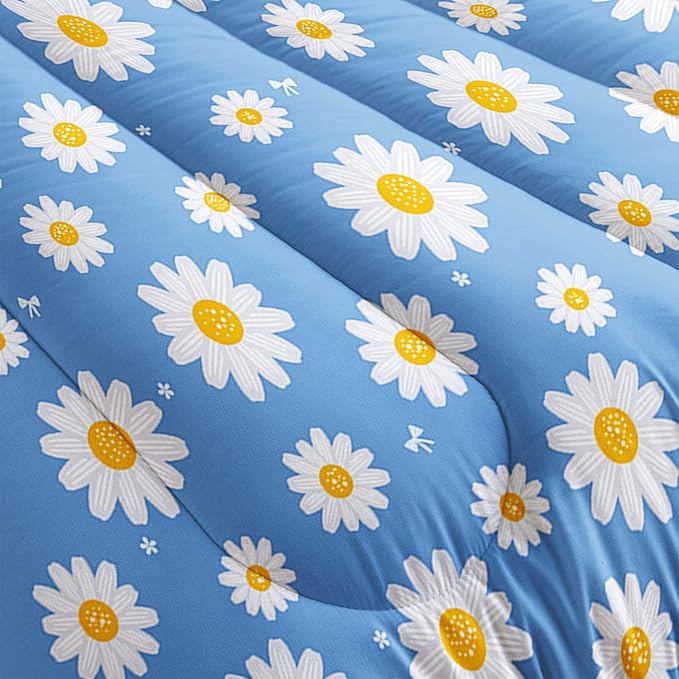 Datura home Flower Comforter Set Blue Daisy Floral Printed Pattern Quilt Bedding with 1 and 2 Pillowcases for Girls Women Bedroom All Season(Blue Twin) Twin 68x86inches