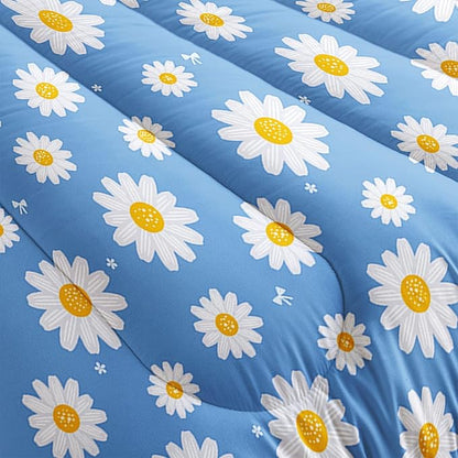 Datura home Flower Comforter Set Blue Daisy Floral Printed Pattern Quilt Bedding with 1 and 2 Pillowcases for Girls Women Bedroom All Season(Blue Twin) Twin 68x86inches
