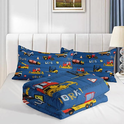 Axolotl Tractor Truck Bedding Set Full,Excavator Comforter Set,Vehicles Truck Comforter,Boys Bedding Machinery Truck Comforter Construction Site Decor for Kids Boys Teens,1 Quilt 2 Pillowcases,Blue