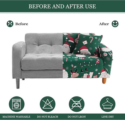 Mybedsoul Christmas Sofa Cover Santa Claus Printed Sofa Couch Cover Washable Furniture Protector with Elastic Bottom Xmas Home Room Festival Decoration(2 Seater/Loveseat)
