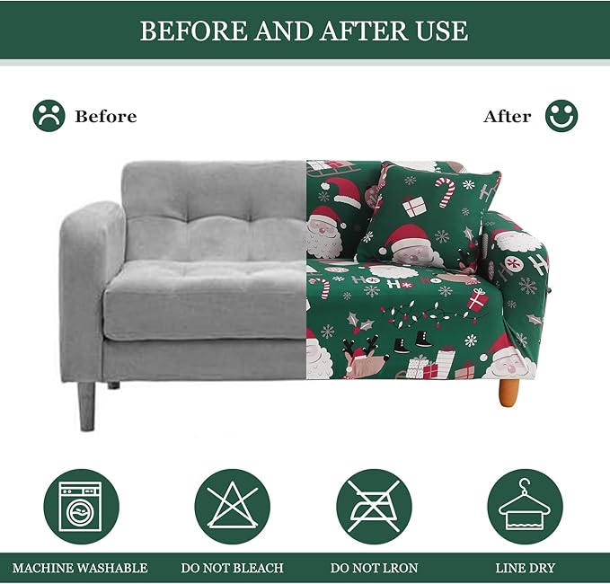 Mybedsoul Christmas Printed Sofa Cover Santa Claus Elastic Couch Cover Machine Washable Christmas Theme Red Sofa Slipcover for Living Room(3 Seater)