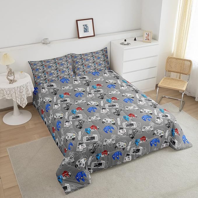 Games Comforter Set Queen Video Games Gaming Bedding Comforters, Boys Teens Games Room Decor Reversible Bedding Set for All Season Home Decoration, Game Controller Pattern Down Comforter, Grey White