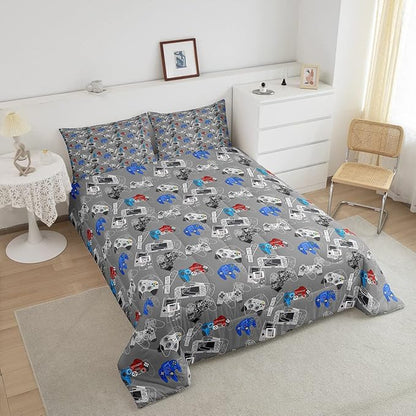 Games Comforter Set Queen Video Games Gaming Bedding Comforters, Boys Teens Games Room Decor Reversible Bedding Set for All Season Home Decoration, Game Controller Pattern Down Comforter, Grey White