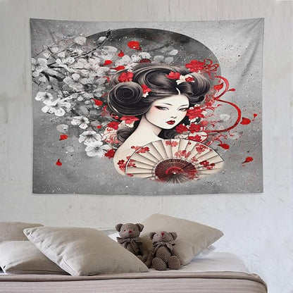Japanese Geisha Tapestry Asian Red Cherry Blossom Red Sun Traditional Kimono Folk Tapestries Home Decor for Living Room Bedroom Apartment Farmhouse Dorm 80"x60"