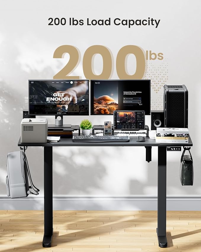 ProtoArc Standing Desk with Dual Monitor Stand Riser, 55 x 24 Inches Height Adjustable Desk with Storage, Electric Stand up Desk with Laptop Stand (Black/White)