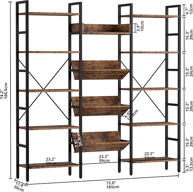 IRONCK Bookcases and Bookshelves Triple Wide 5 Tiers Industrial Bookshelf, Large Etagere Bookshelf Open Record Player Shelves with Metal Frame for Living Room Home Office