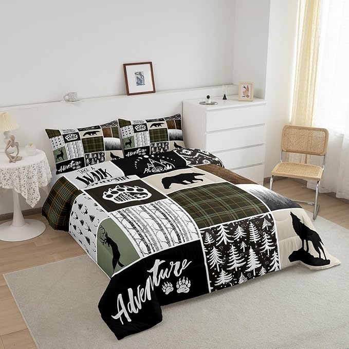 Camper Adventure Kids Comforter Set Queen Size,Deer Antlers Bear Paws Rustic Farmhouse Bedding Set for Boys Girls Adults Room Decor,Atzec Arrows Boho Down Comforter,Camo Duvet Insert,2 Pillowcases