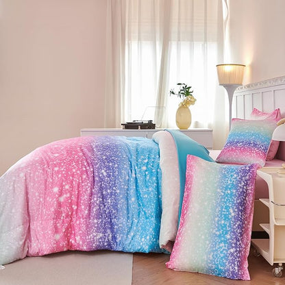 PERFEMET Girls Comforter Set with Sheets 6 Pieces Full Size Bedding Set Blue Pink Green Ombre Bed in A Bag Rainbow Tie Dye Kids Bed Sets Grandient Glitter Full Comforter Sets