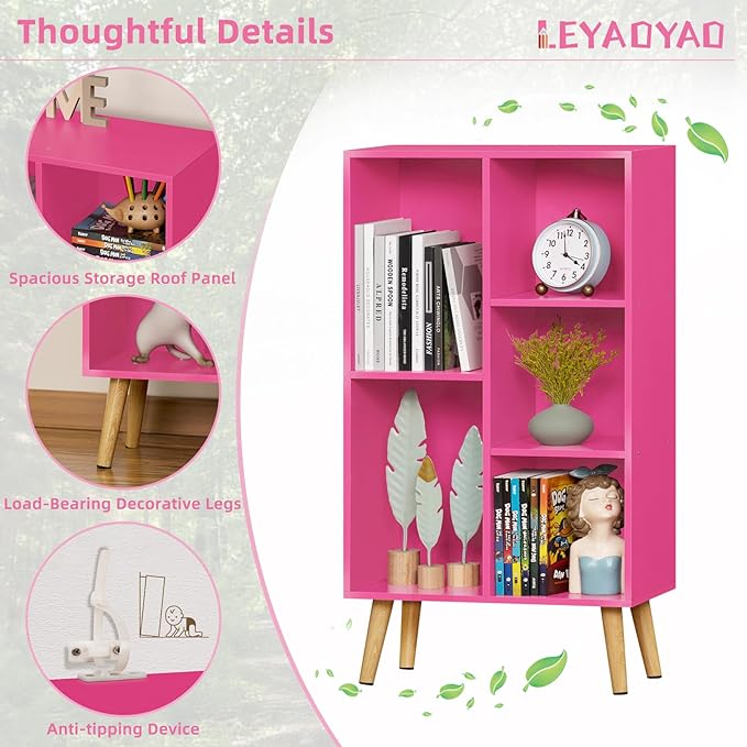 LEYAOYAO 5 Cube Bookshelf, 3-Tier Bookcase with Legs, Pink Kids Book Shelf Cute Storage Organizer, Free standing Open Toy Shelves Modern Bookshelves,Wood Display Bookcases for Bedroom,Living Room