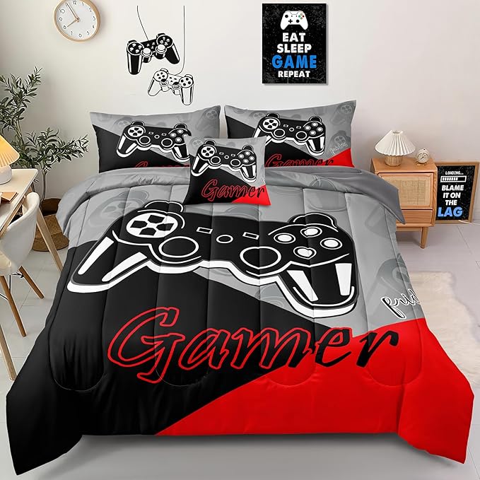 6 Pieces Gaming Bedding Set Full Size for Boys Gamer Comforter Set for Boys Girls Kids Teens 6 Piece Bed in A Bag Video Game Bedding for Gamer Room Decorative Full08