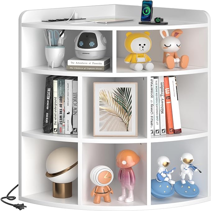 Vecelo Corner Cabinet with Charging Station, 3-Tier Bookcase Cube Storage Organizer with USB Outlets, Triangle Corner Bookcases with 8 Cubbies for Playroom, Bedroom, Living Room, Pearl White