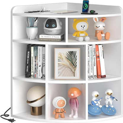 Vecelo Corner Cabinet with Charging Station, 3-Tier Bookcase Cube Storage Organizer with USB Outlets, Triangle Corner Bookcases with 8 Cubbies for Playroom, Bedroom, Living Room, Pearl White