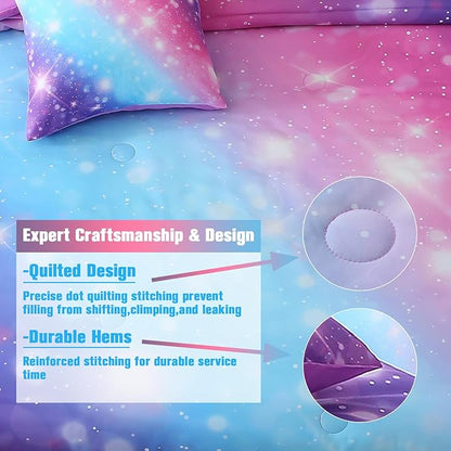 JQinHome Glitter Bedding Set Twin Size,6 Piece Bed in A Bag 3D Colorful Rainbow Galaxy Comforter Set for Girls Kids-All Season Microfiber Tie-Dye Bedding Sets(Blue Purple)