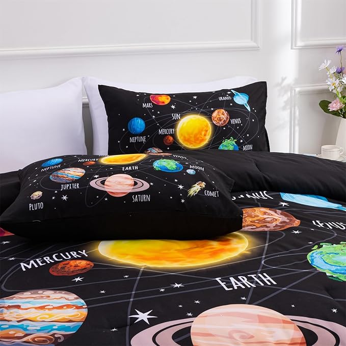 Aimuan Space Comforter Twin Set Kids Rocket Bedding Set Super Soft & Cute Aliens UFO Printed for Boys Girls Teen (Black 1, Twin)