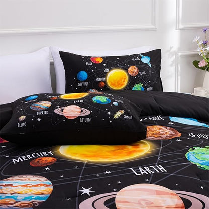 Aimuan Space Comforter Twin Set Kids Rocket Bedding Set Super Soft & Cute Aliens UFO Printed for Boys Girls Teen (Black 1, Twin)