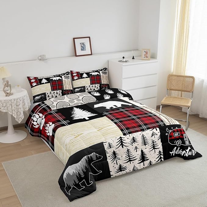 Bear Comforter Set King Size,Pine Trees Animals Hunting Bedding Set for Kids Boys Girls Adults Room Decor,Camping Adventure Rustic Farmhouse Down Comforter,Red Plaids Duvet Insert,2 Pillowcases