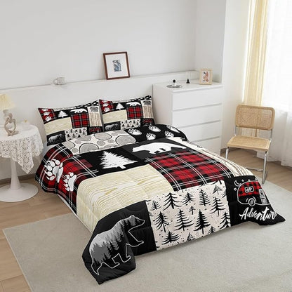 Bear Comforter Set King Size,Pine Trees Animals Hunting Bedding Set for Kids Boys Girls Adults Room Decor,Camping Adventure Rustic Farmhouse Down Comforter,Red Plaids Duvet Insert,2 Pillowcases